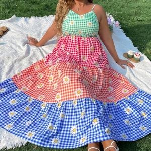 Floral & Gingham Print Ruffle Hem Cami Dress 4x